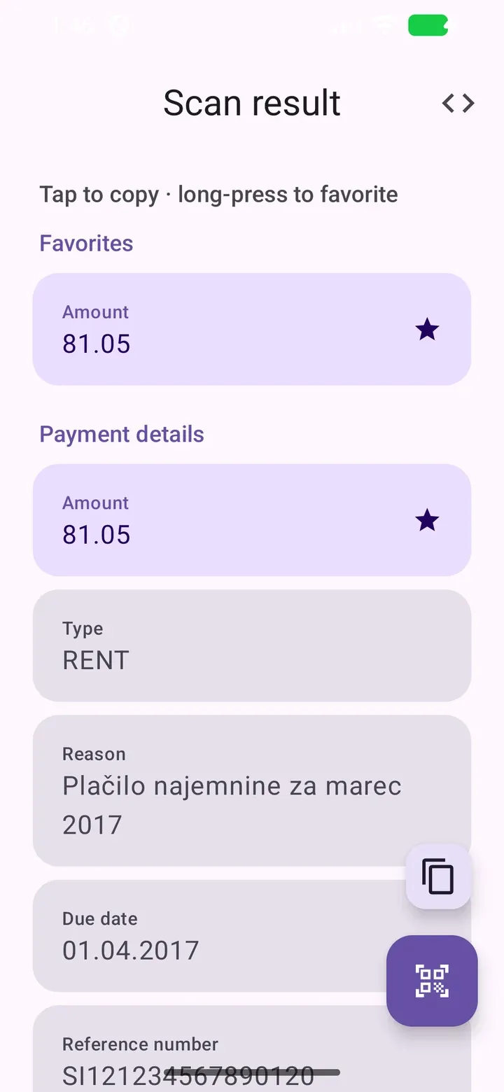 UPN Scan result showing the favorited amount and labeled payment details
