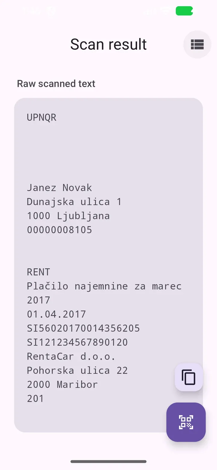 UPN Scan raw view displaying the synthetic UPN QR payload
